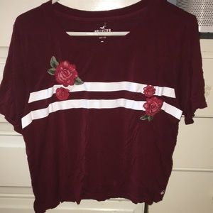 Cropped Maroon Shirt with Embroidered Flowers